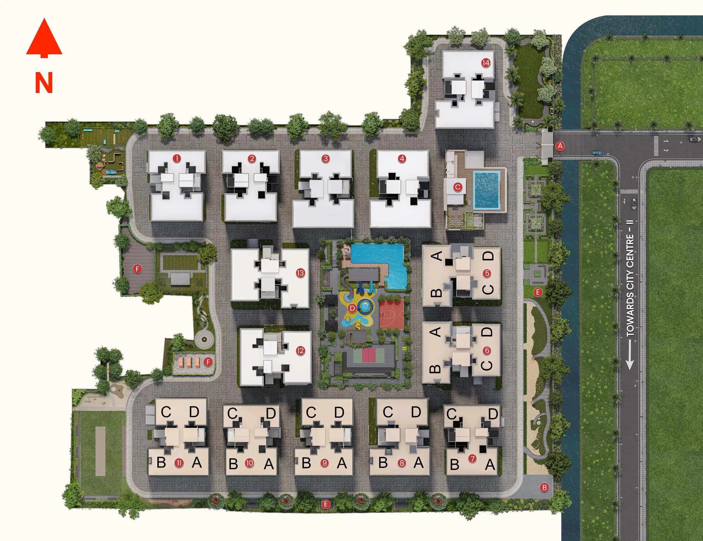 Inspire site plan with towers, club and central podium