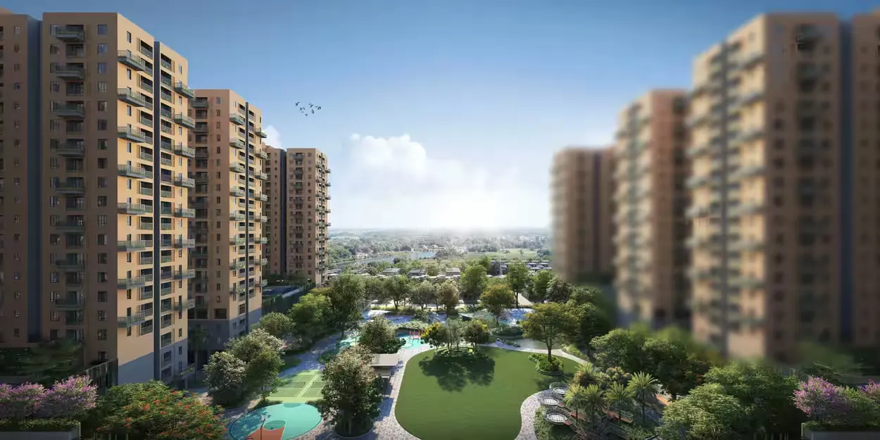 Vinayak 21 Acres towers beside the central green