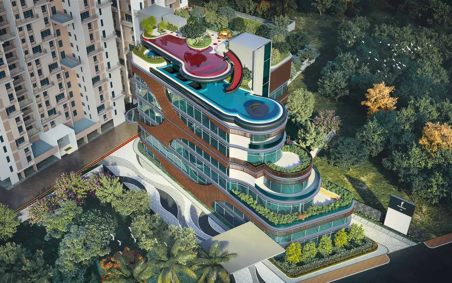 The F Residences club with its two-tier swimming pool